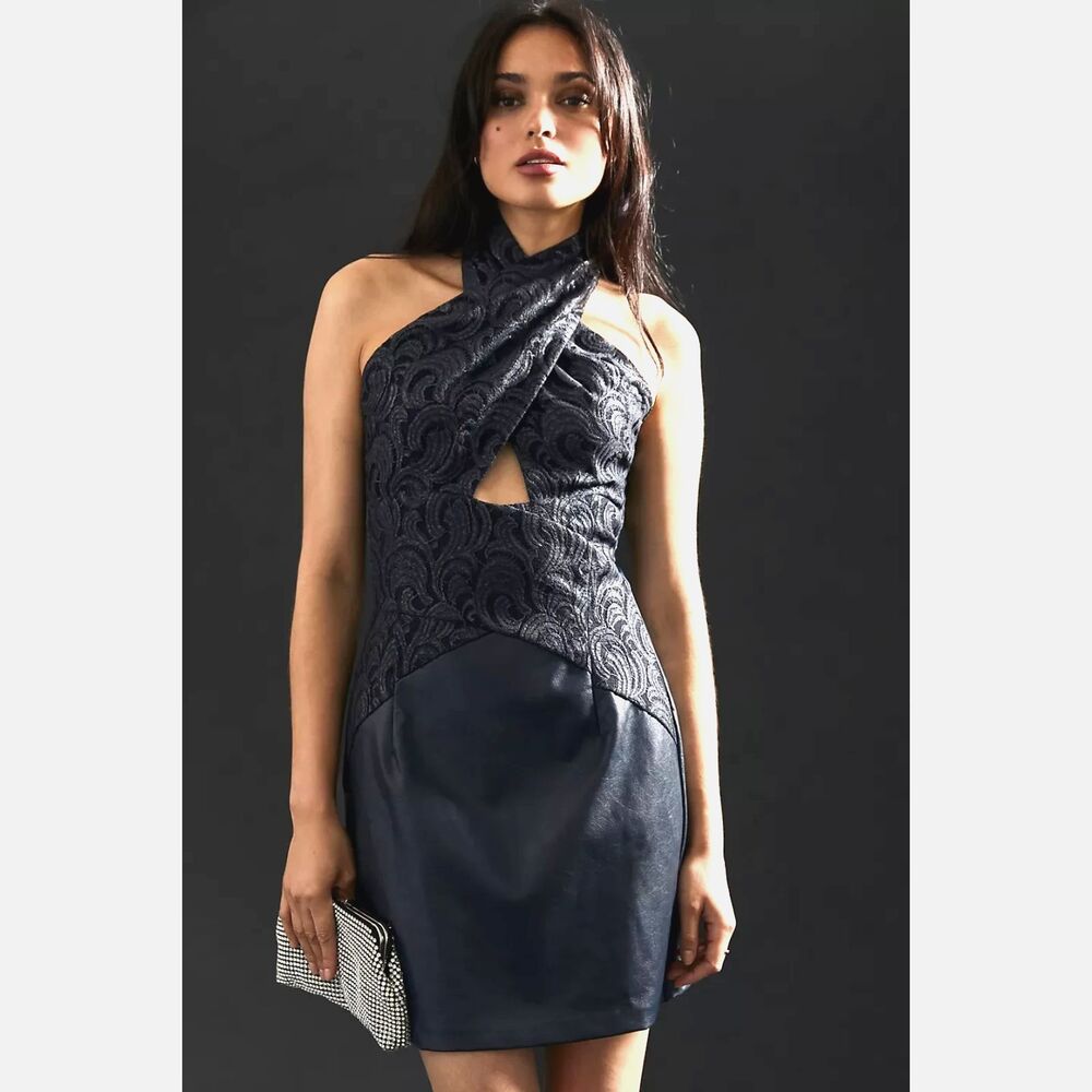 Eva Franco Faux Leather & Lace Twofer Dress Blue Size 4 NWT